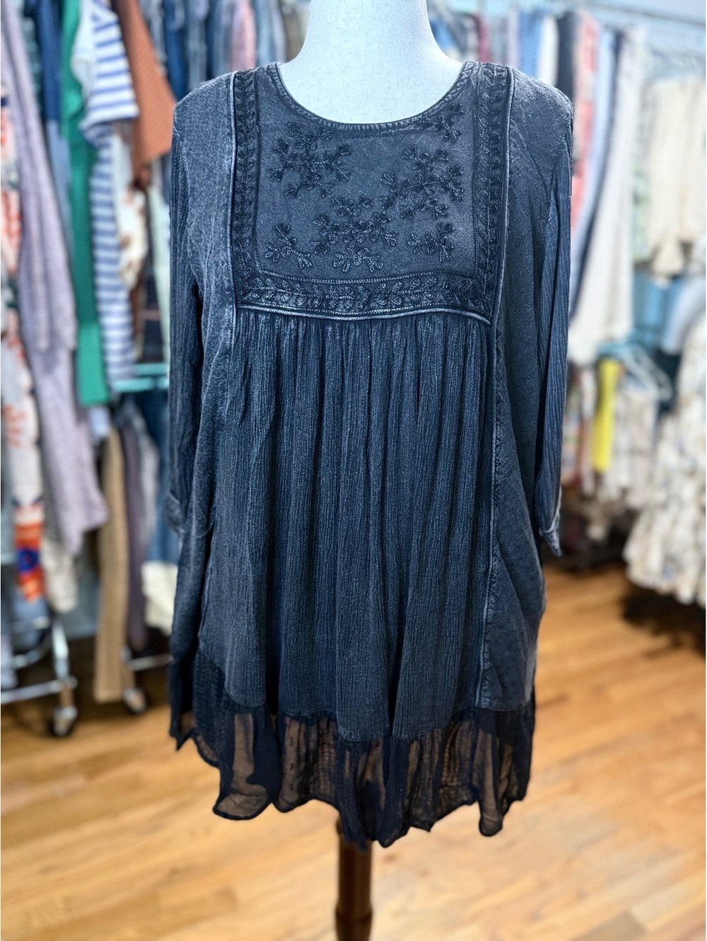 YOUNG THREADS Charcoal Aari Embroidered Boho Babydoll Mini Dress NWT Large